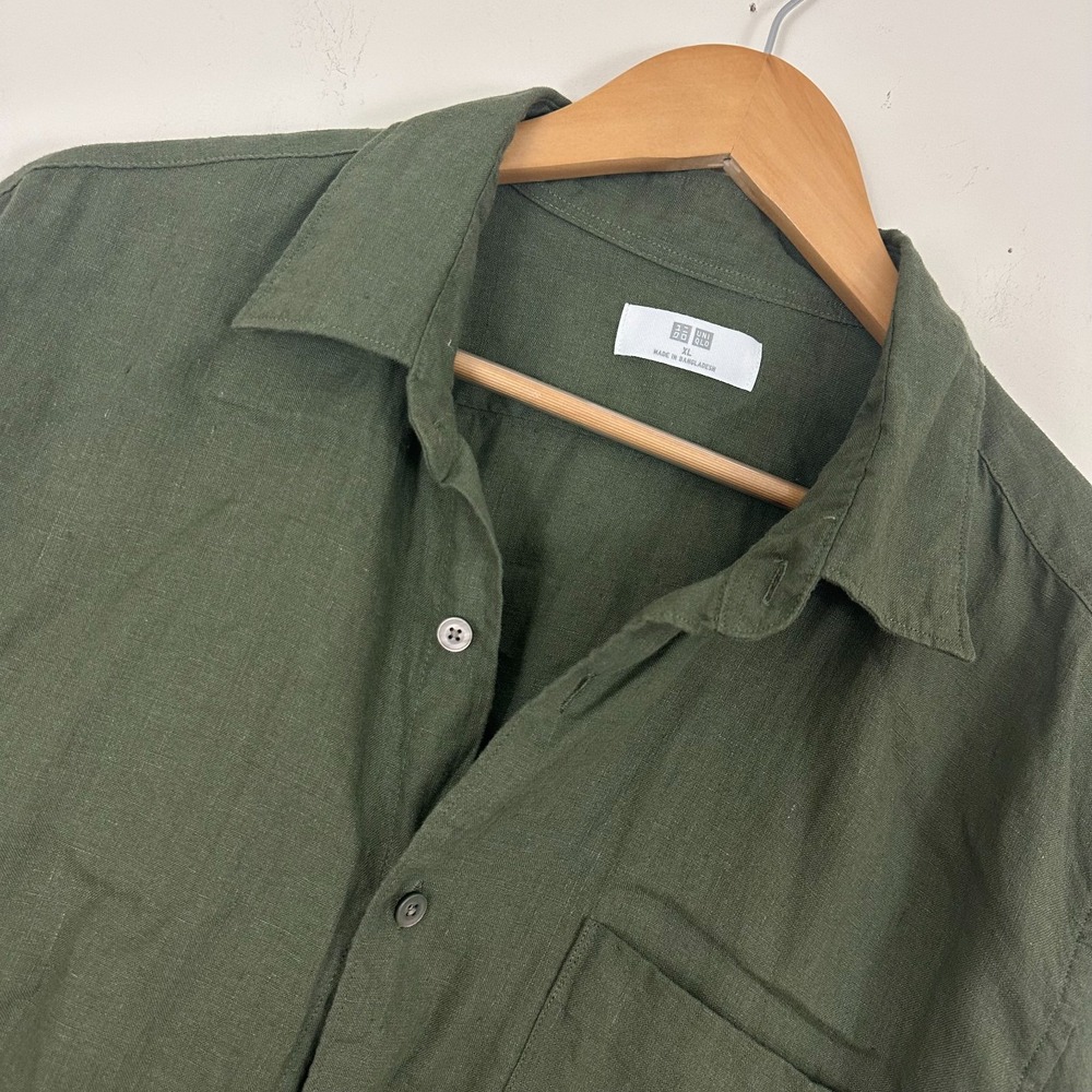 Uniqlo Linen Shirt Olive Green Long Sleeve Pocket Button Up Everyday Wear Men XL